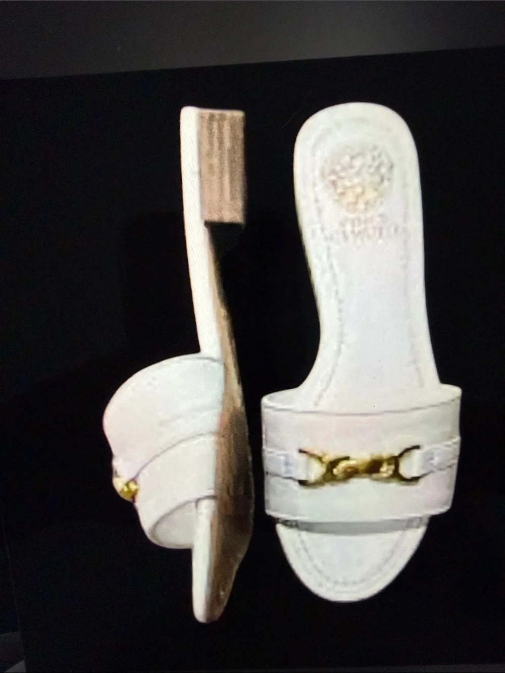 Vince Camuto White Leather Slide Sandals with Gold Hardware - Picture 1 of 2
